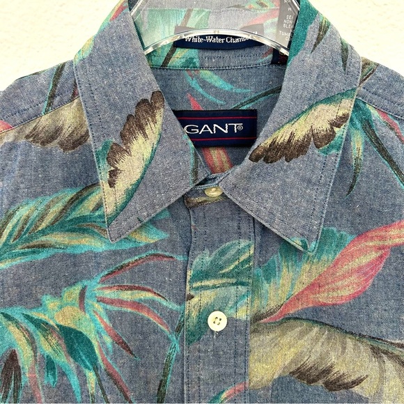 GANT White Water Chambray Short Sleeve Shirt Floral 100% Cotton Blue Size Medium - Picture 2 of 13